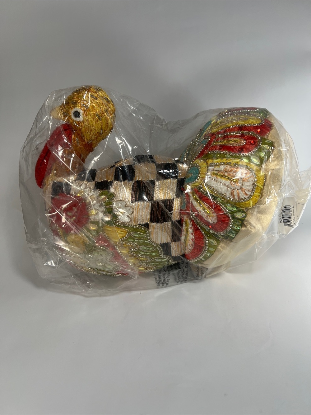 MacKenzie-Childs Beaded Bird Pillow in Gold, Red, Black, Green
